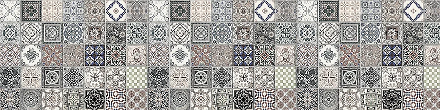 Un assortiment de carreaux décoratifs ornés de motifs complexes dans des nuances de bleu, de gris et de marron, adapté pour des arrière-plans de design intérieur sophistiqués.