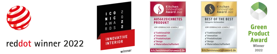 Výstava ocenění zdůrazňující vítěze Red Dot, Kitchen Innovation a Green Product za vynikající design a inovace v banneru webové stránky.