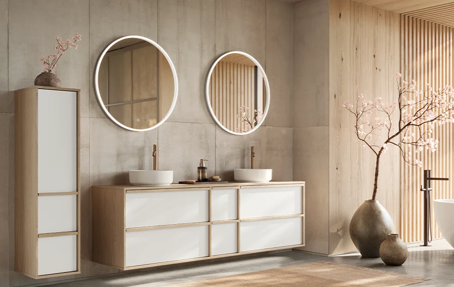 Mobili da bagno Sakura in stile giapponese - linee chiare, materiali naturali ed eleganti spazi per il bagno moderno.