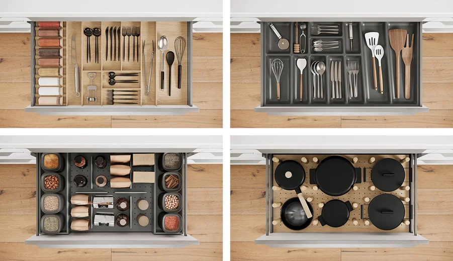  Des inserts flexibles en bois et en plastique offrent une vue d'ensemble et un espace de rangement pour les épices, les couverts, les provisions et les casseroles.