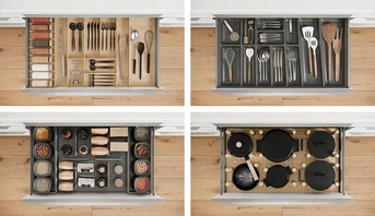  Des inserts flexibles en bois et en plastique offrent une vue d'ensemble et un espace de rangement pour les épices, les couverts, les provisions et les casseroles.