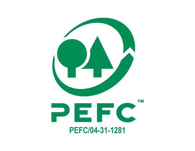 Logotipo gráfico rectangular vertical verde liso de la marca registrada PEFC, que presenta dos árboles simples y el pie de página PEFC/04-31-1281.