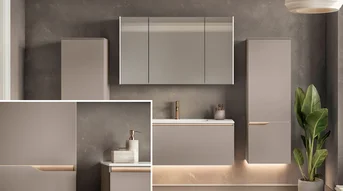 Meubles de salle de bains avec poignée encastrée éclairée, armoire de toilette avec bande lumineuse et éclairage indirect.
