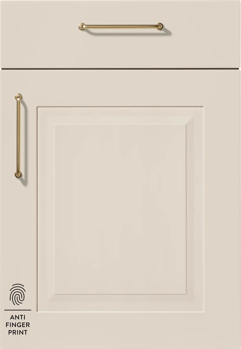 Classic frame front in sand with anti-fingerprint lacquer - a modern interpretation of country house style.
