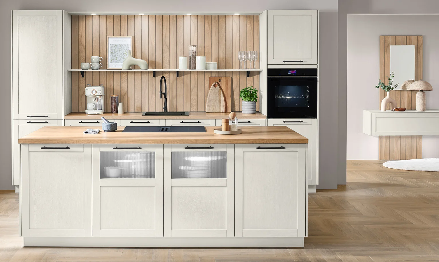 Country house kitchen in white with wooden structure and glass fronts - stylish and homely.