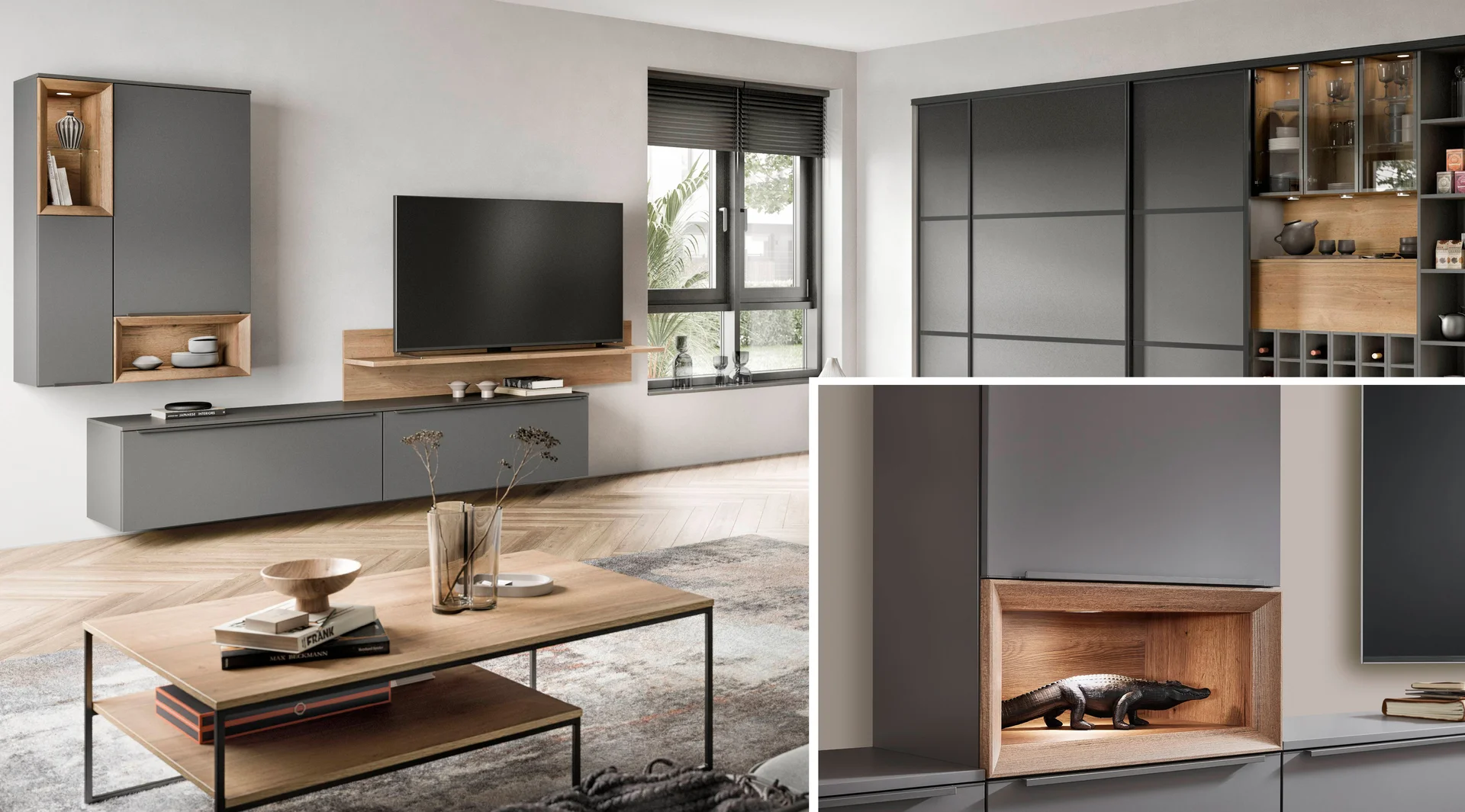 Éclairage du salon sur une étagère aspect bois et armoire à portes coulissantes dans un espace de vie moderne.