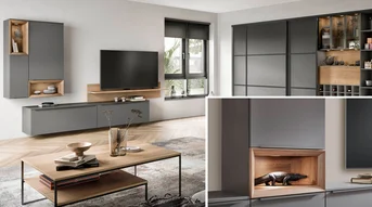Éclairage du salon sur une étagère aspect bois et armoire à portes coulissantes dans un espace de vie moderne.