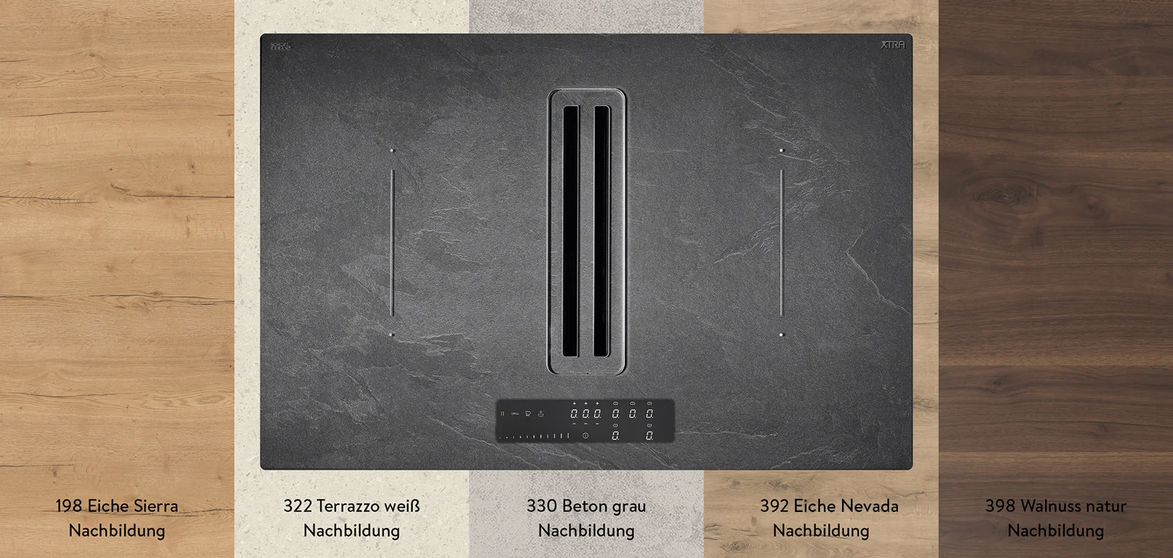 Moderne Induktionskochplatte mit elegantem Design, eingebettet in eine dunkle Stein-Arbeitsplatte, mit Touch-Bedienelementen und einer doppelten Kochzone.
