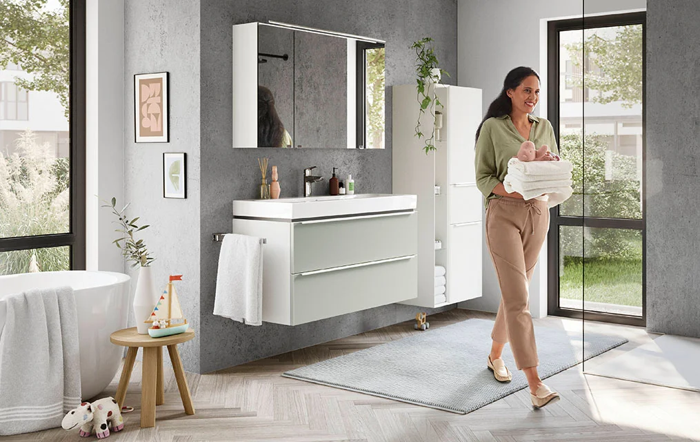 Badmöbel SENSO 494 in Jade mit Antifingerprint-Fronten, Waschtisch mit zwei Auszügen und Spiegelschrank