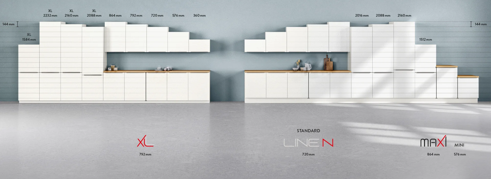 Système de hauteur flexible dans nobilia 144 Système de trame pour des cuisines ergonomiques.