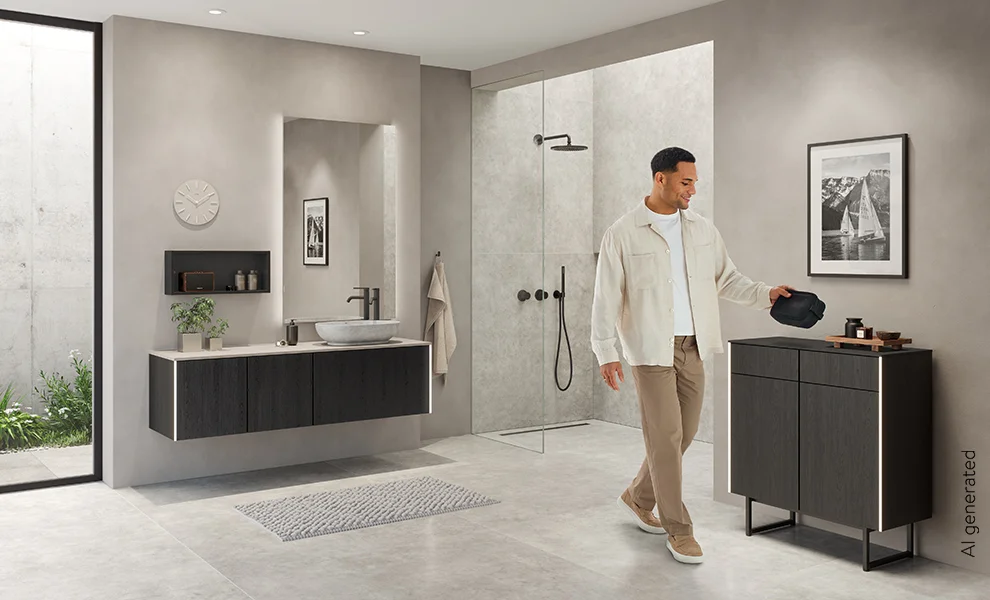 Badplanung in Structura Eiche Nero Nachbildung mit Anti-Fingerprint, Waschtisch, Dusche, verschiedenen Badmöbeln und männlichem AI-Model
