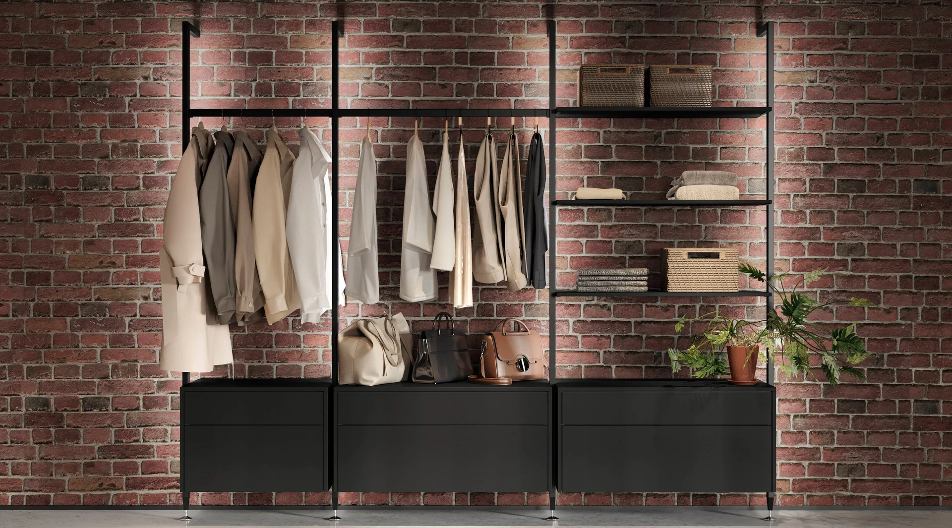 Système de vestiaire éclairé comprenant des étagères ouvertes, des tringles à vêtements et un meuble de rangement noir.