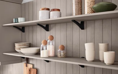 Wall shelf with consoles and matching panel for stylish storage.