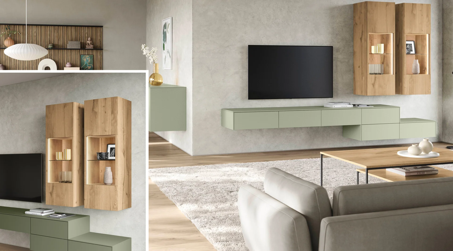 Vitrine de salon moderne avec éclairage, compartiments ouverts et aspect bois, au design épuré.